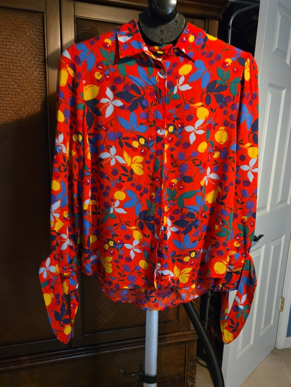 Maeve Red Floral Button-Front Top with Multicolor Print